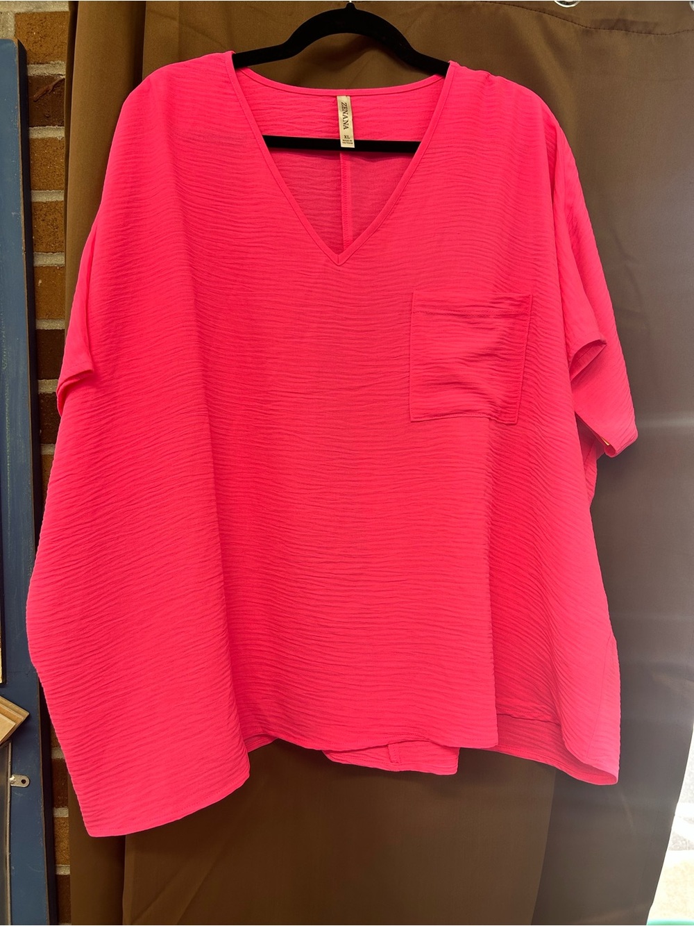 Zenana V-Neck Pocket Top - Hot Pink XL